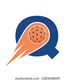 Initial Letter Q Pickleball Logo Concept With Moving Pickleball Symbol. Pickle Ball Logotype Vector Template