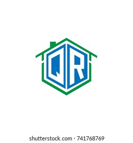 Initial Letter Q, R, QR Hexagonal Shape Logo Design with House Home Icon