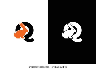 Letra inicial diseño del logo de Q Rabbit. Plantilla de fondo de ilustración del icono gráfico del icono del vector del diseño del logotipo del conejo Q de la letra.