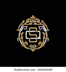 Initial letter Q and S, QS, SQ, decorative ornament emblem badge, overlapping monogram logo, elegant luxury silver gold color on black background