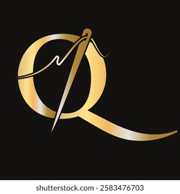 Initial Letter Q Sewing Needle Logo Design for Embroider, Textile, Fashion, Cloth, Fabric Symbol