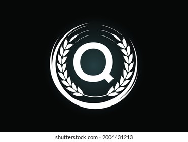 Initial letter Q sign symbol with wheat ears wreath. Organic wheat farming logo design concept. Agriculture logo design vector template.