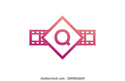 Initial Letter Q Square with Reel Stripes Filmstrip for Film Movie Cinema Production Studio Logo Inspiration