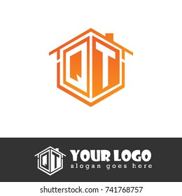Initial Letter Q, T, QT Hexagonal Shape Logo Design with House Home Icon
