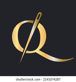 Initial Letter Q Tailor Logo, Needle and Thread Combination for Embroider, Textile, Fashion, Cloth, Fabric, Golden Color Template