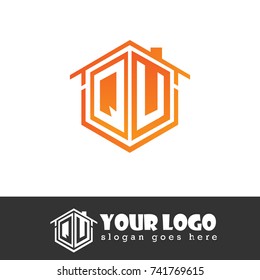 Initial Letter Q, U, QU Hexagonal Shape Logo Design with House Home Icon
