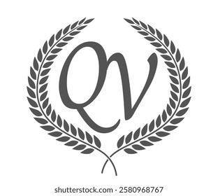 Initial letter Q and V, QV monogram logo design with laurel wreath. Luxury calligraphy font.