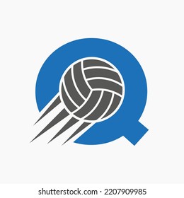 Initial Letter Q Volleyball Logo Concept With Moving Volley Ball Icon. Volleyball Sports Logotype Symbol Vector Template