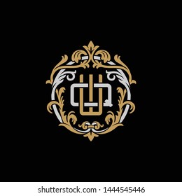 Initial letter Q and W, QW, WQ, decorative ornament emblem badge, overlapping monogram logo, elegant luxury silver gold color on black background