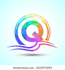 Letra inicial Q com ondas oceânicas de água e o sol. Conceito de design do logotipo da praia