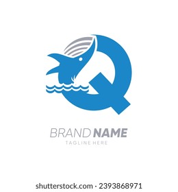 Initial Letter Q Whale Jumping in the Water Logo Design Vector Icon Graphic Emblem Illustration