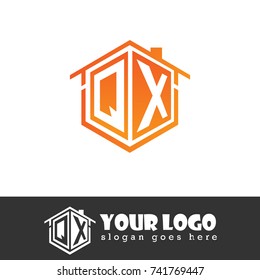 Initial Letter Q, X, QX Hexagonal Shape Logo Design with House Home Icon