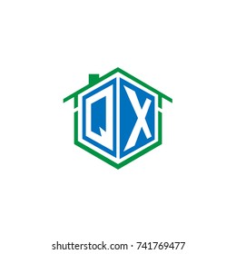 Initial Letter Q, X, QX Hexagonal Shape Logo Design with House Home Icon
