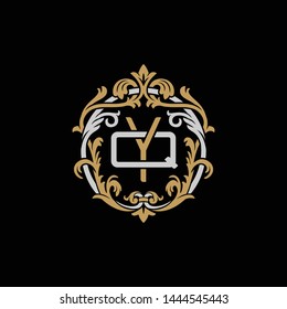 Initial letter Q and Y, QY, YQ, decorative ornament emblem badge, overlapping monogram logo, elegant luxury silver gold color on black background