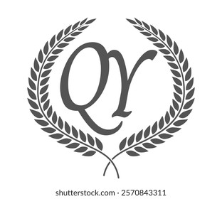 Initial letter Q and Y, QY monogram logo design with laurel wreath. Luxury calligraphy font.