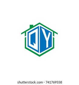 Initial Letter Q, Y, QY Hexagonal Shape Logo Design with House Home Icon