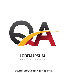 initial letter QA logotype company name colored red, black and yellow swoosh design. isolated on white background.
