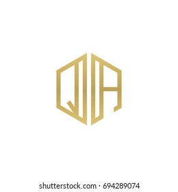 Initial letter QA, minimalist line art hexagon shape logo, gold color