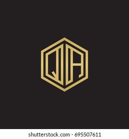 Initial letter QA, minimalist line art hexagon logo, gold color on black background