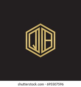 Initial letter QB, minimalist line art hexagon logo, gold color on black background