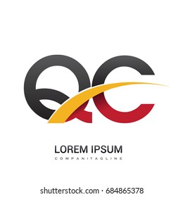 initial letter QC logotype company name colored red, black and yellow swoosh design. isolated on white background.
