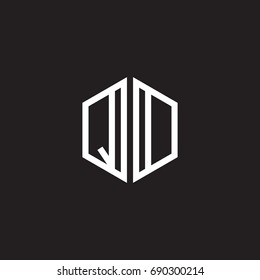 Initial letter QD, QO, minimalist line art monogram hexagon shape logo, white color on black background