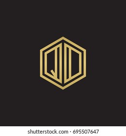 Initial letter QD, QO, minimalist line art hexagon logo, gold color on black background