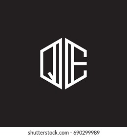 Initial letter QE, minimalist line art monogram hexagon shape logo, white color on black background