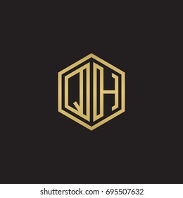 Initial letter QH, minimalist line art hexagon logo, gold color on black background