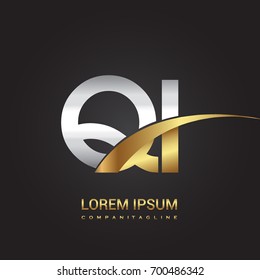initial letter QI logotype company name colored gold and silver swoosh design. isolated on black background.