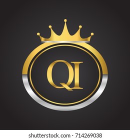 initial letter QI logotype company name with oval shape and crown, gold and silver color. vector logo for business and company identity.
