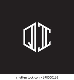 Initial letter QI, minimalist line art monogram hexagon shape logo, white color on black background