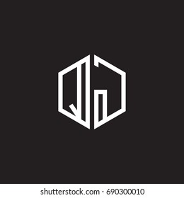 Initial letter QJ, minimalist line art monogram hexagon shape logo, white color on black background