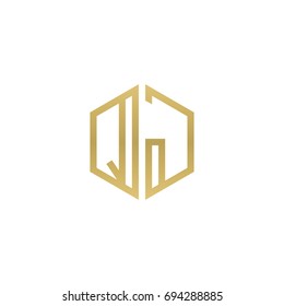 Initial letter QJ, minimalist line art hexagon shape logo, gold color