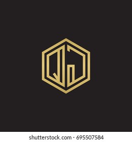 Initial letter QJ, minimalist line art hexagon logo, gold color on black background
