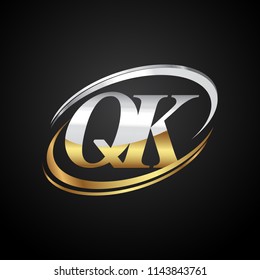 initial letter QK logotype company name colored gold and silver swoosh design. isolated on black background.