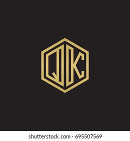 Initial letter QK, minimalist line art hexagon logo, gold color on black background