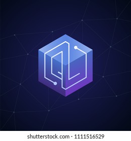 Initial letter QL, block chain, looping mono line circuit letter on hexagon cube logo, blue magenta gradient color on black blue network background