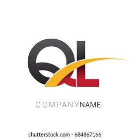 initial letter QL logotype company name colored red, black and yellow swoosh design. isolated on white background.
