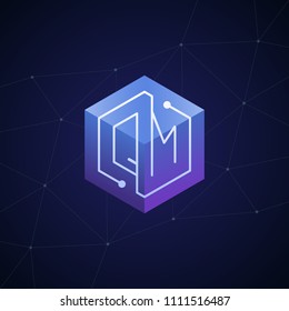 Initial letter QM, block chain, looping mono line circuit letter on hexagon cube logo, blue magenta gradient color on black blue network background