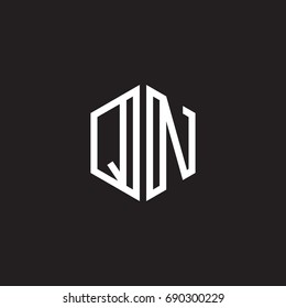 Initial letter QN, minimalist line art monogram hexagon shape logo, white color on black background