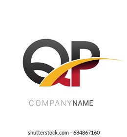 initial letter QP logotype company name colored red, black and yellow swoosh design. isolated on white background.
