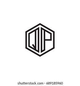 Initial letter QP, minimalist line art monogram hexagon logo, black color