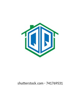 Initial Letter QQ Hexagonal Shape Logo Design with House Home Icon