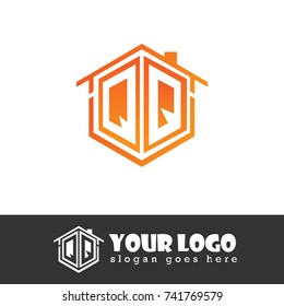 Initial Letter QQ Hexagonal Shape Logo Design with House Home Icon