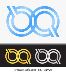 Initial letter QQ premium blue metallic rotated lowercase logo template in white background, and custom preview in gold and silver color