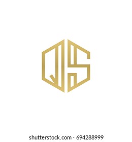 Initial letter QS, minimalist line art hexagon shape logo, gold color