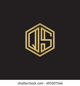 Initial letter QS, minimalist line art hexagon logo, gold color on black background