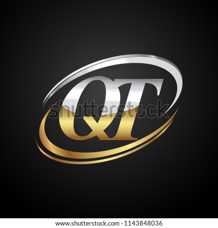 initial letter QT logotype company name colored gold and silver swoosh design. isolated on black background.