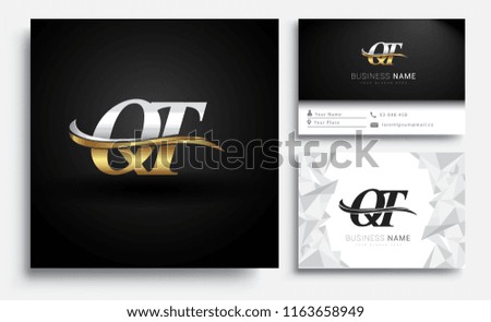 initial letter QT logotype company name colored gold and silver swoosh design. Vector sets for business identity on white background.